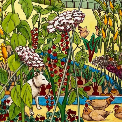 cherry red gallery logo wombat wearing flower wreath in red circle with words Cherry Red Gallery Cathryn Marinos arranged around the circle